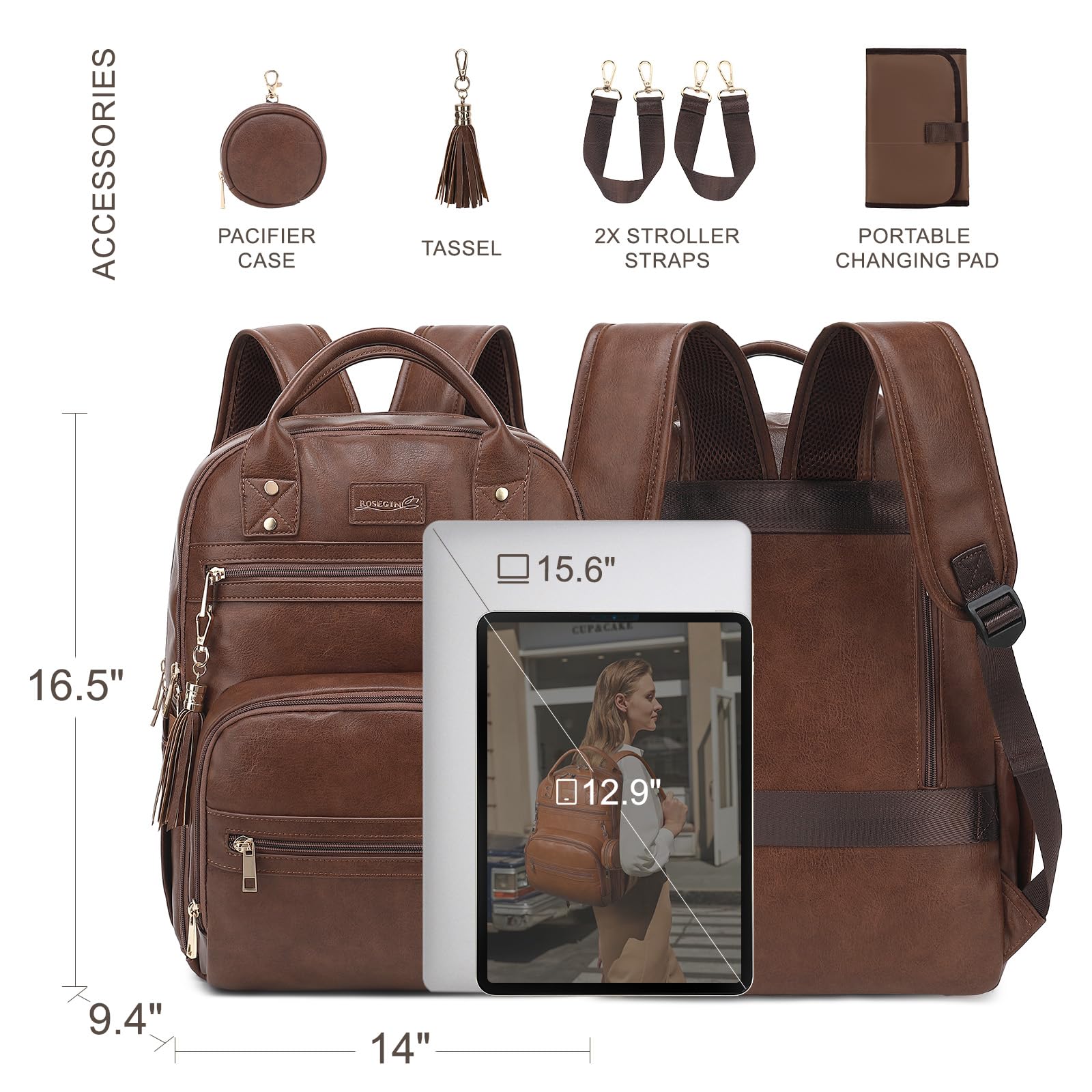 ROSEGIN reinforced zippers add durability for busy parenting days.