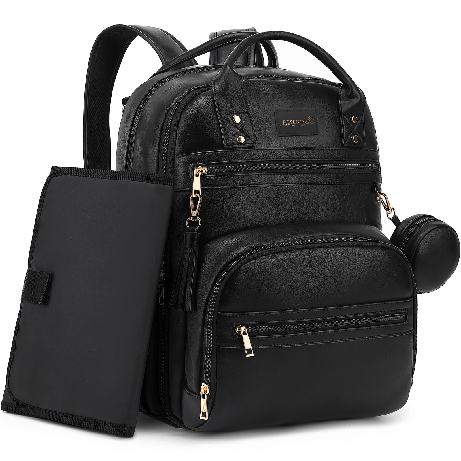ROSEGIN premium diaper bag backpack with organized layout for busy parents on the go.