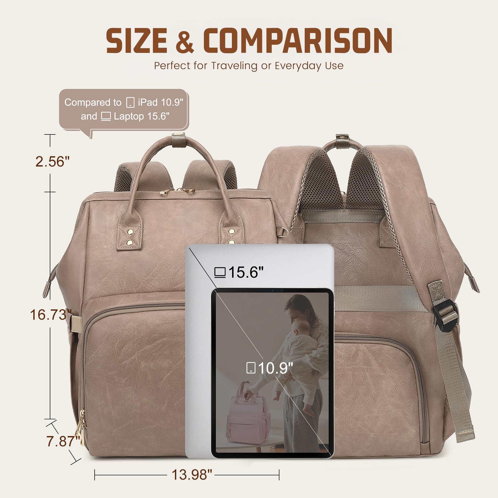 ROSEGIN travel-ready vegan leather design fits carry-on and strollers.