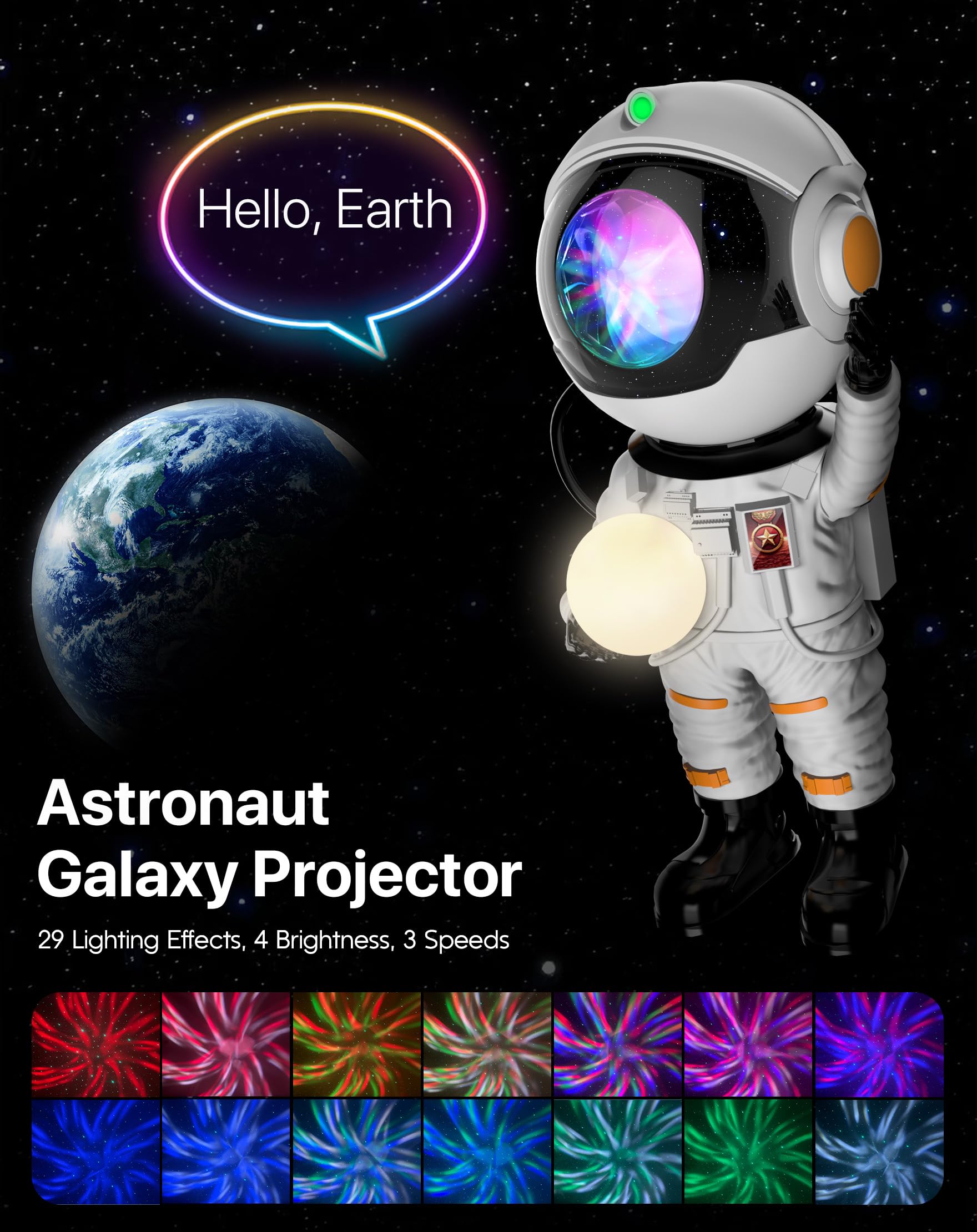 Rossetta Astronaut Galaxy Projector 360-degree rotation for flexible nebula angles.