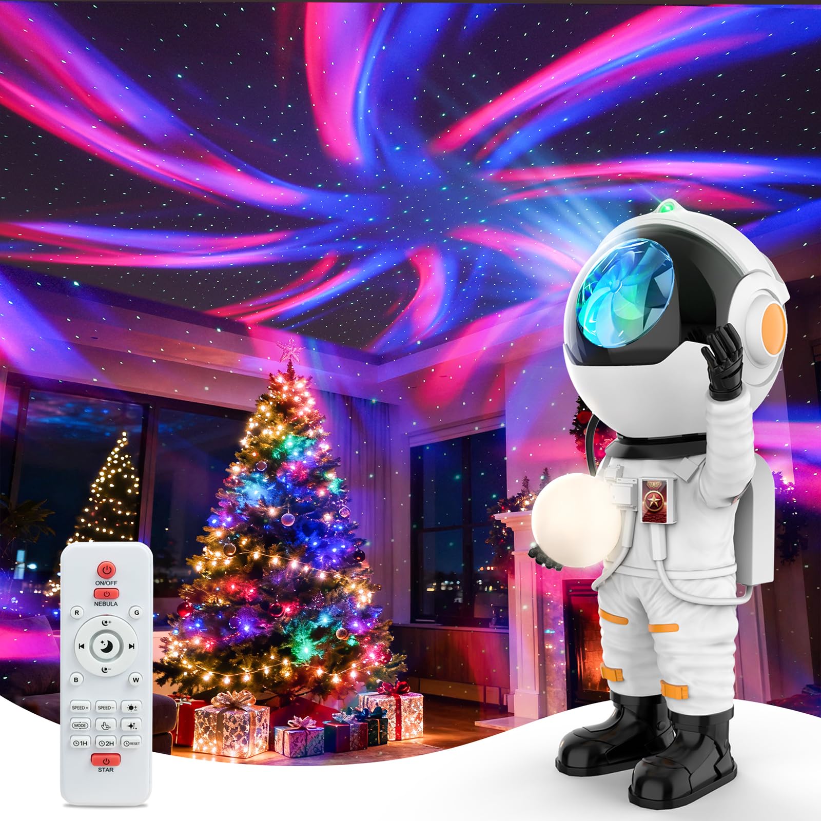 Rossetta Astronaut Galaxy Projector casts starry ceiling for relaxing evenings.