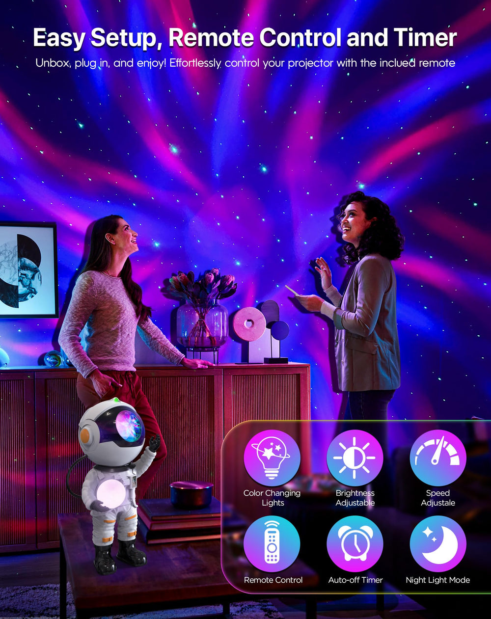 Rossetta Galaxy Projector timer enables auto-off after 1 or 2 hours.