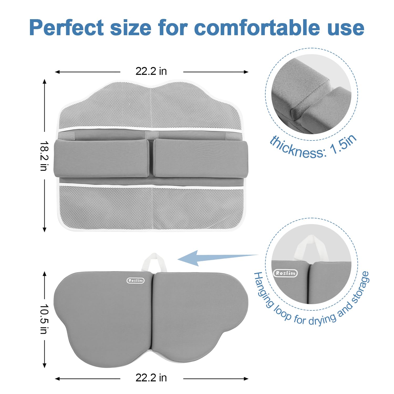 Roslim memory foam close-up demonstrates dense padding for knee and elbow support.