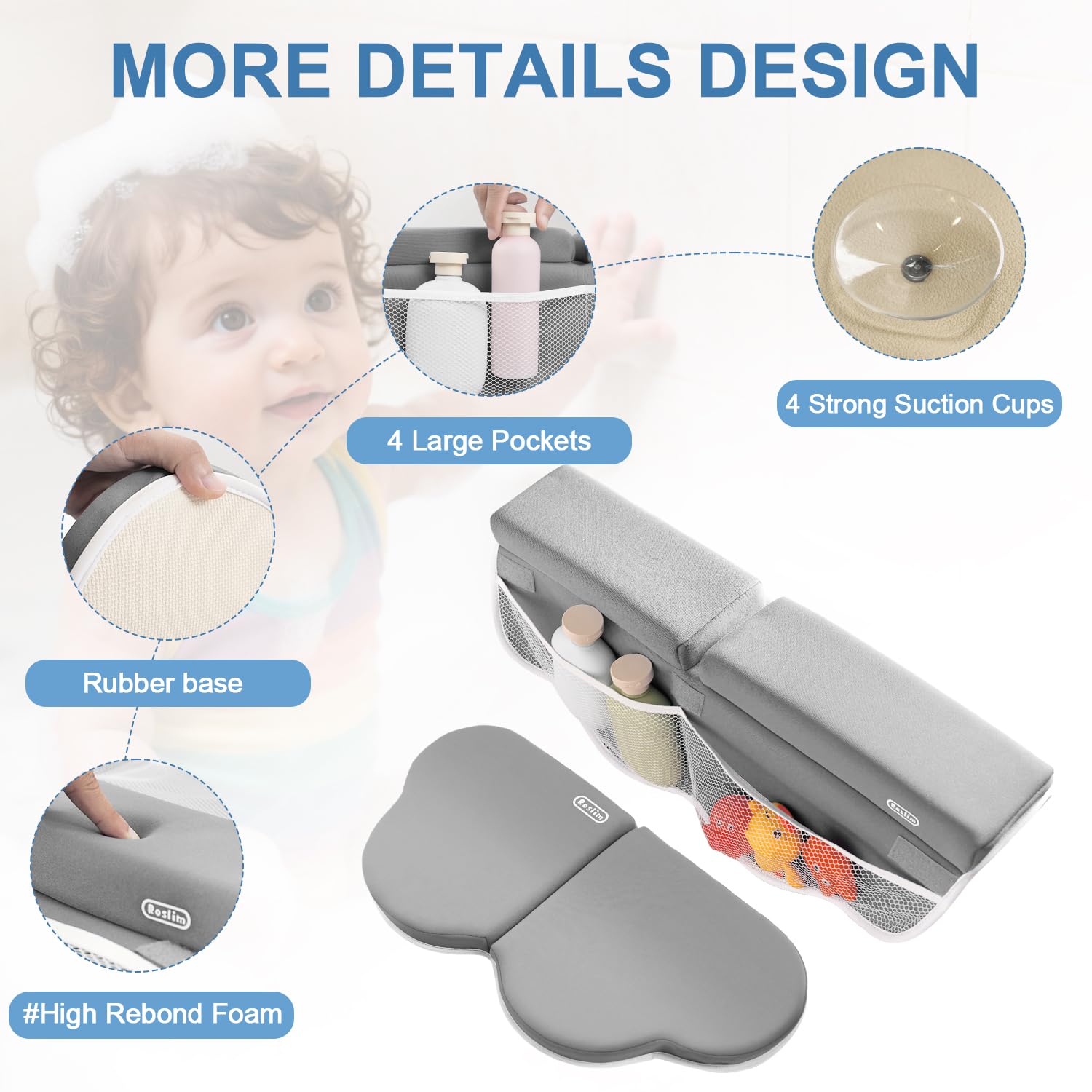 Roslim in use during toddler bath time keeps essentials within reach.