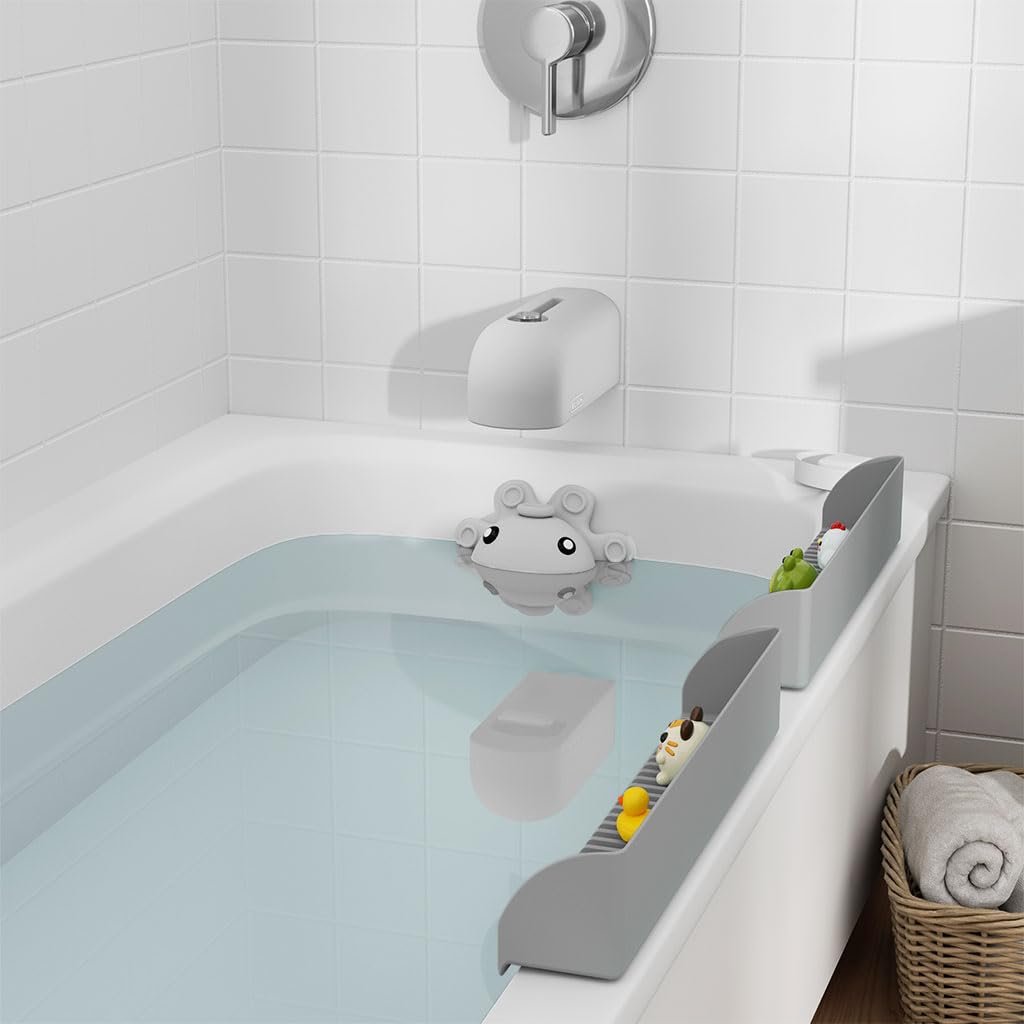 Roslim grey faucet cover supports calm, safe kids bath time.