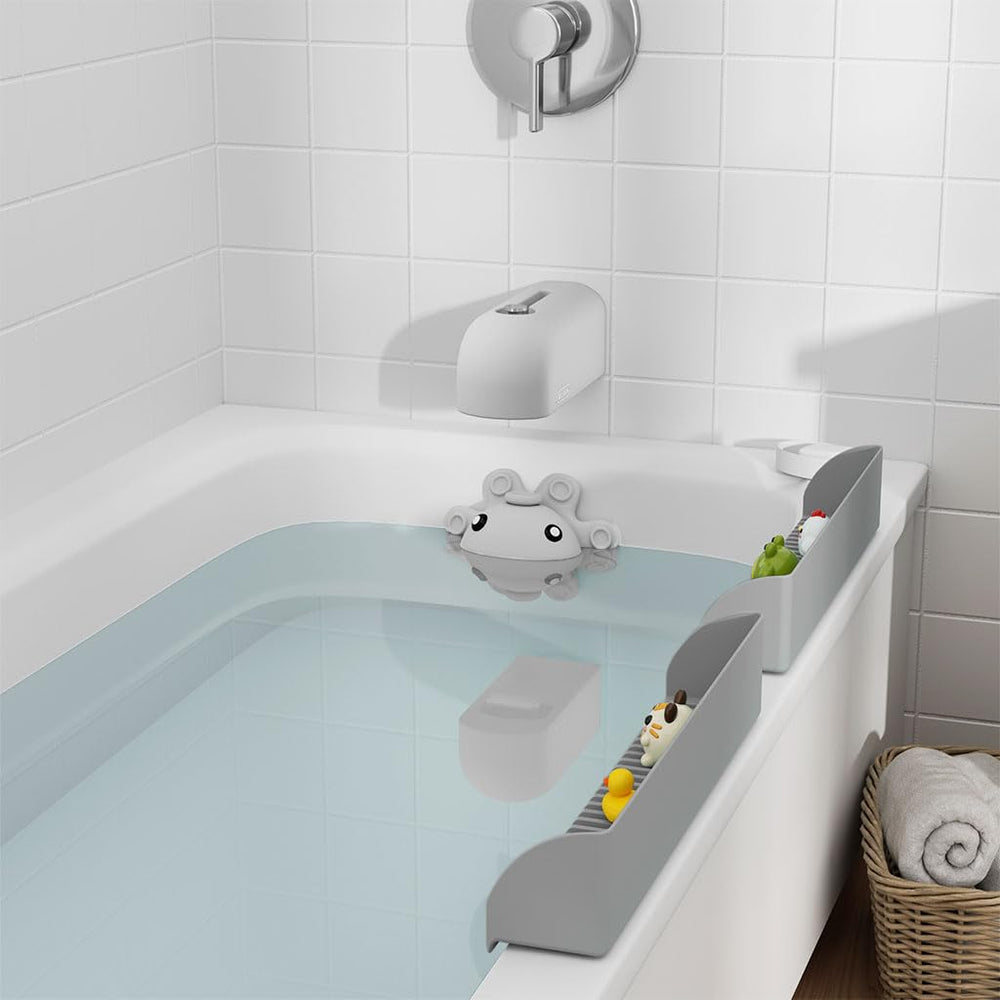 Roslim grey faucet cover supports calm, safe kids bath time.