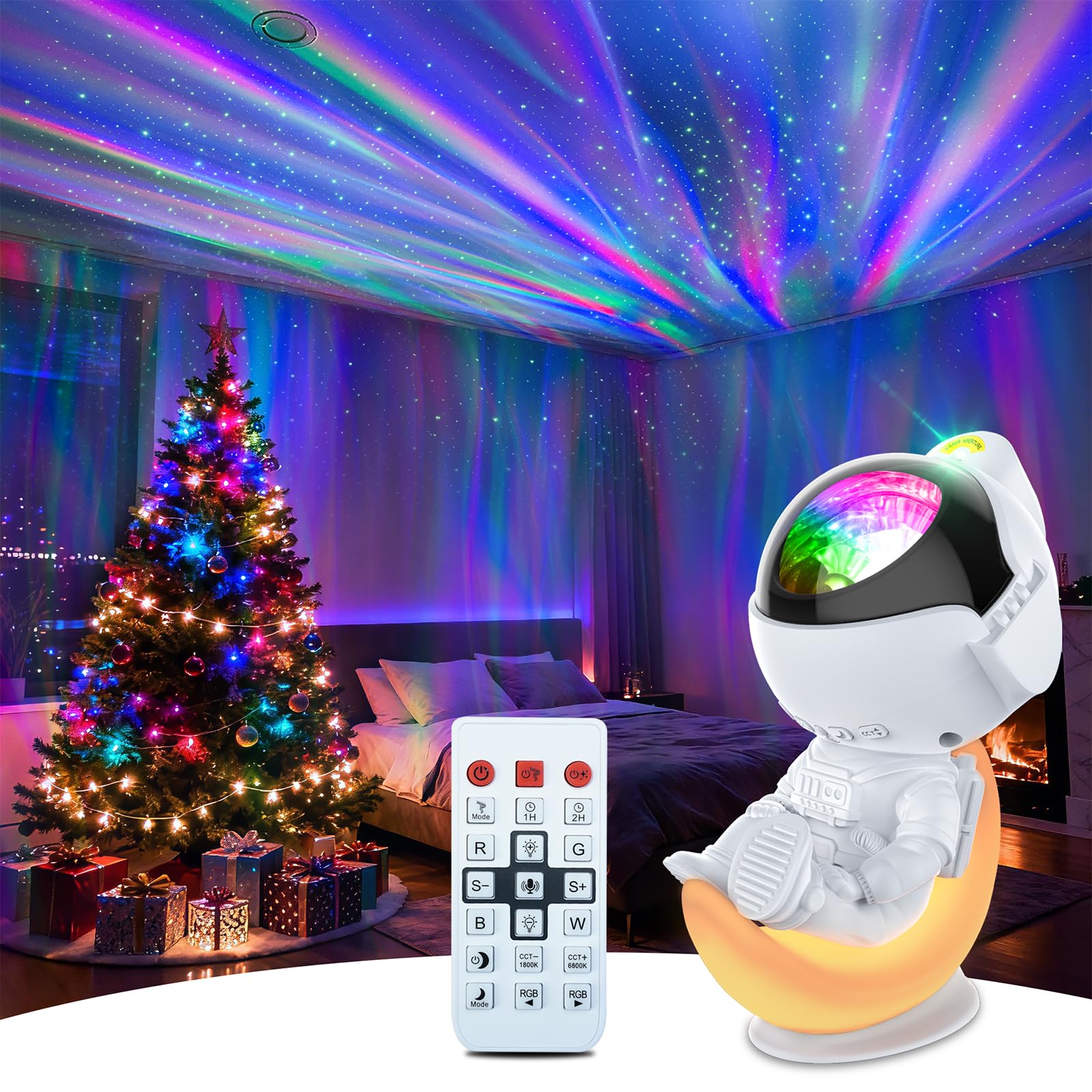 Rossetta Astronaut Galaxy Projector front view showing the device in a serene bedroom.