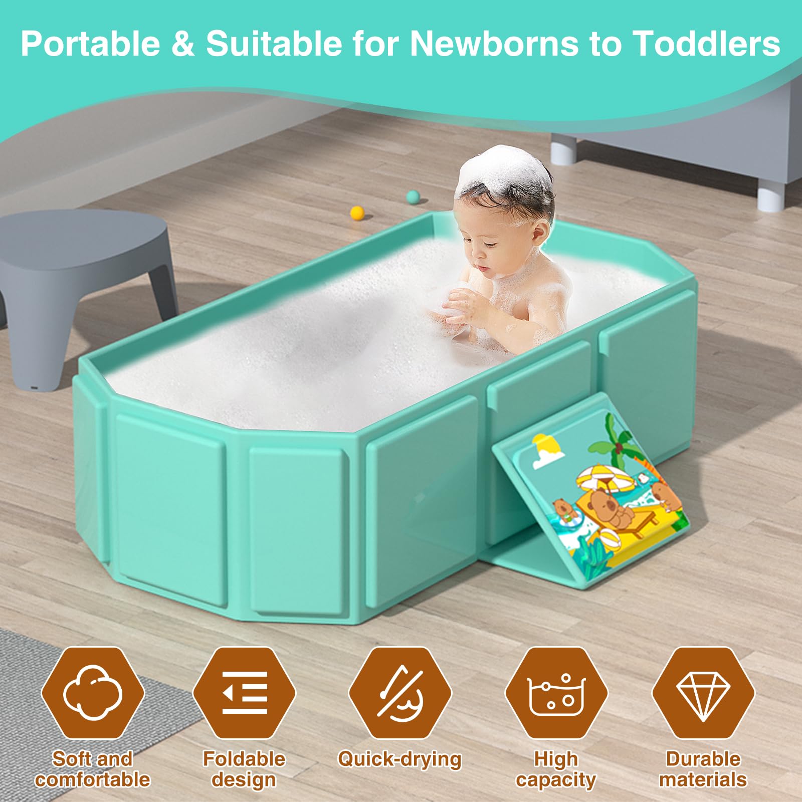 ROUSKEY pink folding bath tub; gentle shade adds charm to bath time.