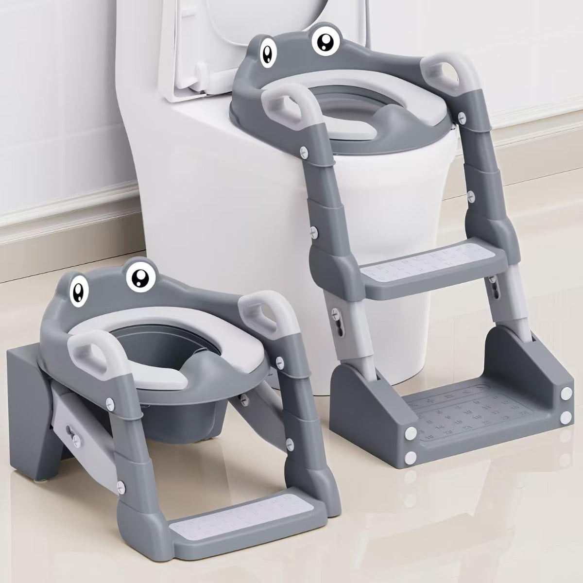 ROUTTOON 2-in-1 potty seat with steps provides a secure learning platform for toddlers.