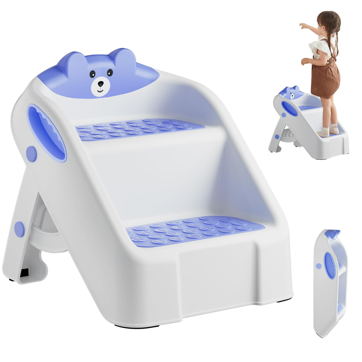 Routtoon toddler stool front view in blue supports independent bathroom routines