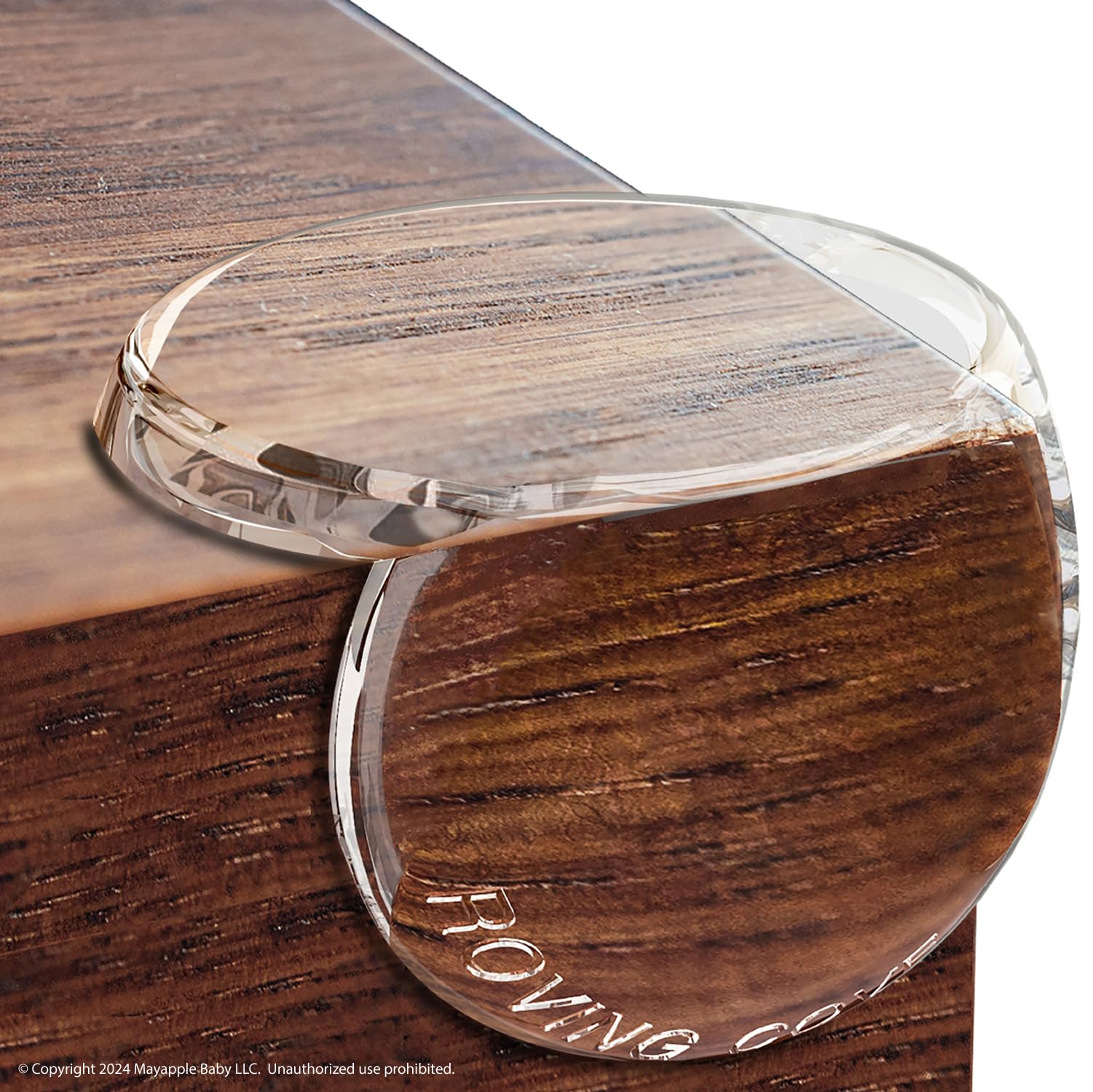 Roving Cove Clear Corner Protector on a furniture corner for child-safe living spaces.