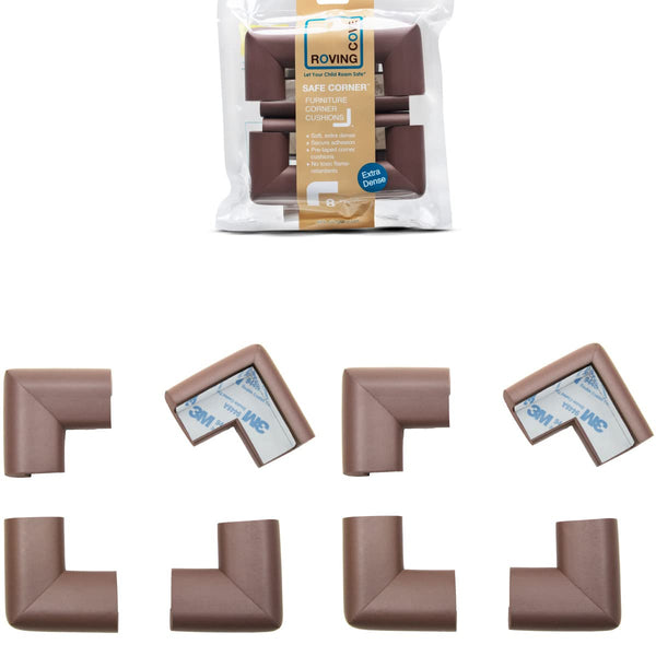 Roving Cove HeftyFit corner guards on coffee-brown furniture for edge protection