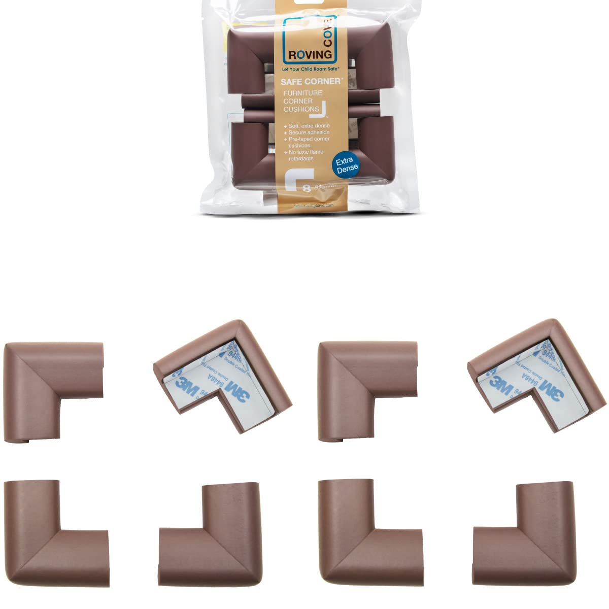 Roving Cove HeftyFit corner guards on coffee-brown furniture for edge protection