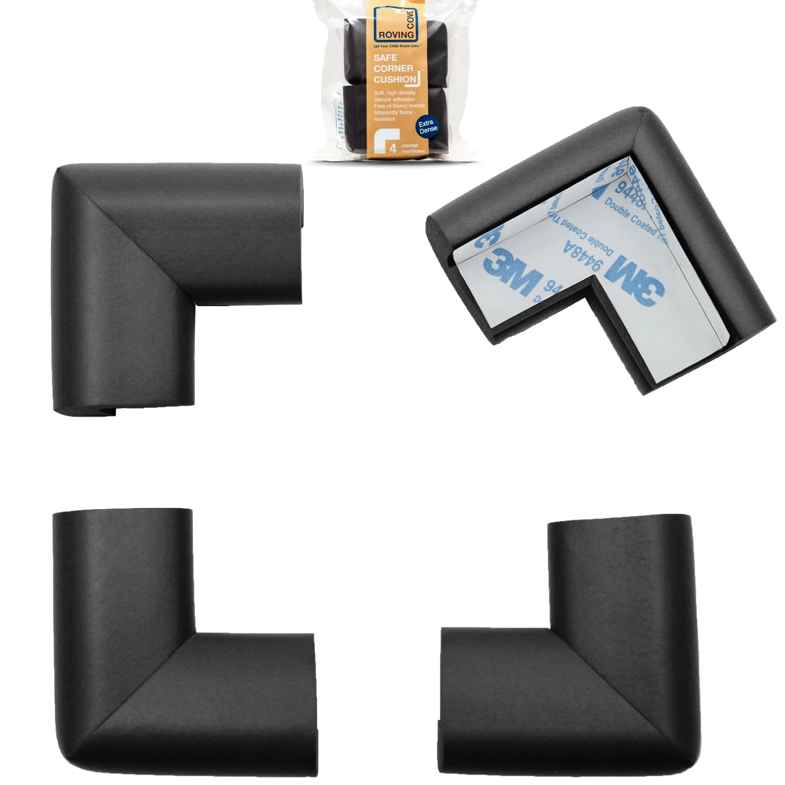Roving Cove HeftyFit corner protector on four large corners shields infants from sharp edges