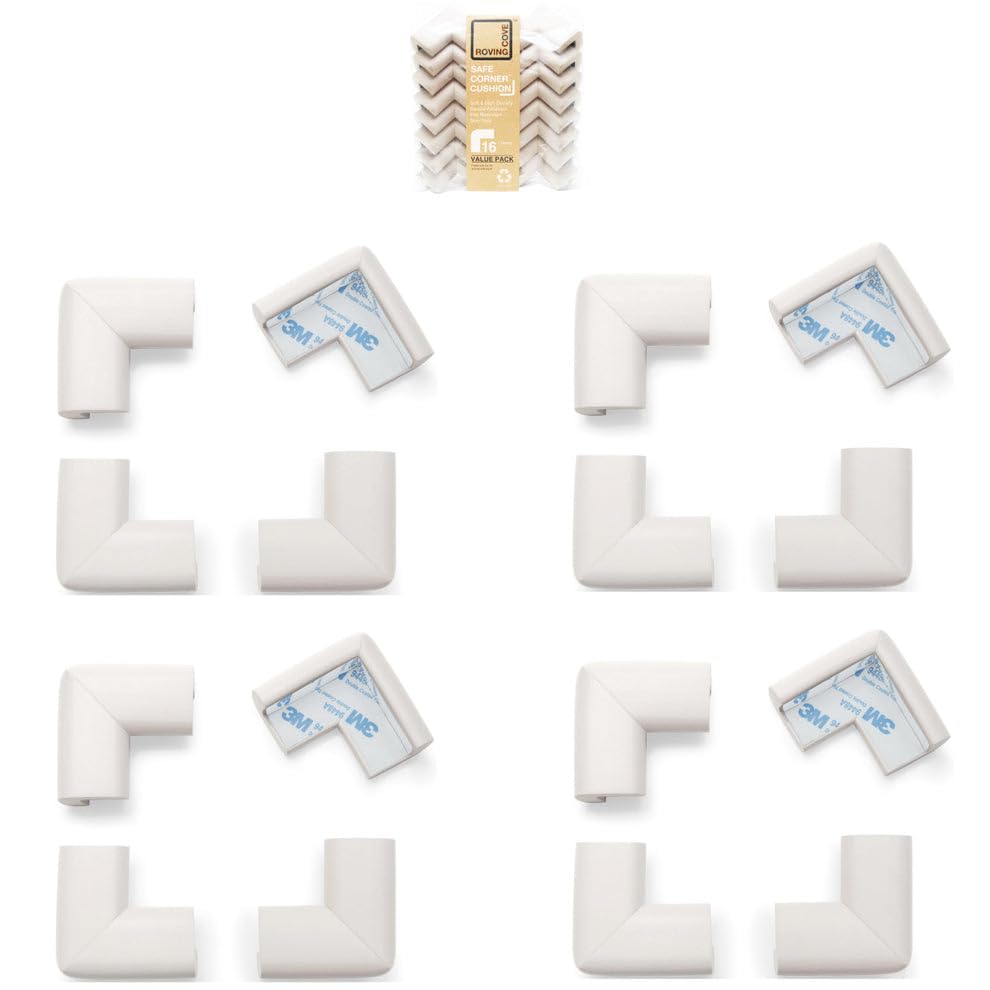 Roving Cove HeftyFit corner protector on oyster white corners protects children from sharp edges and bumps