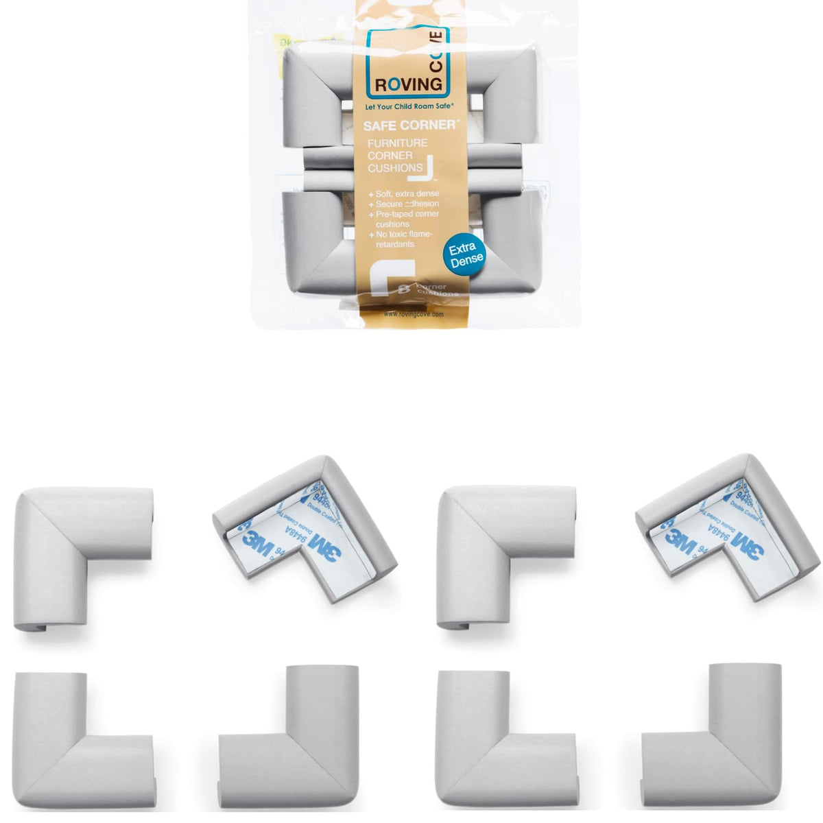 Roving Cove HeftyFit corner protector on stone grey eight large corners shield children from sharp edges