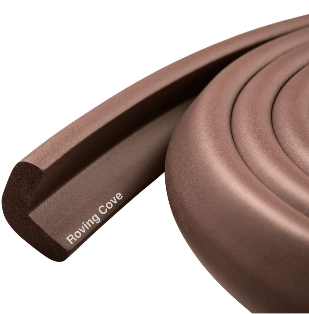 Roving Cove HeftyFit edge protector on a wood table corner for safer homes.