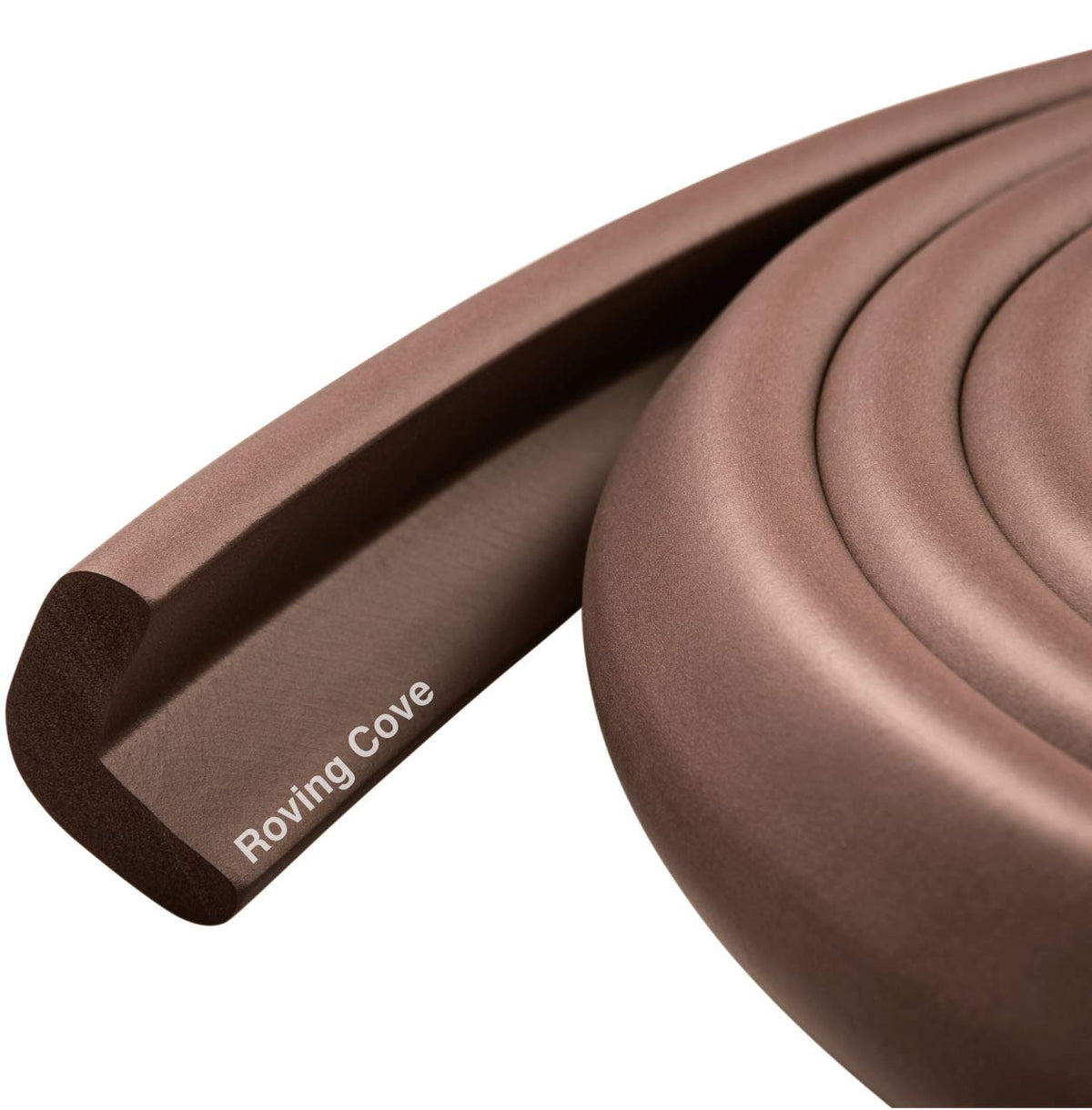 Roving Cove HeftyFit edge protector on a wood table corner for safer homes.