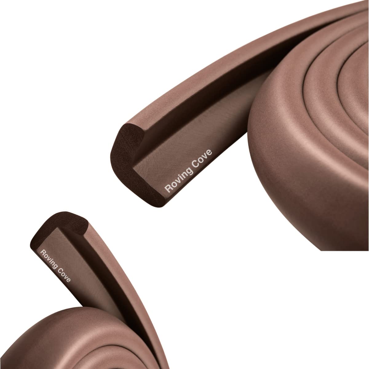 Roving Cove HeftyFit edge protector on a coffee-brown table edge for child safety