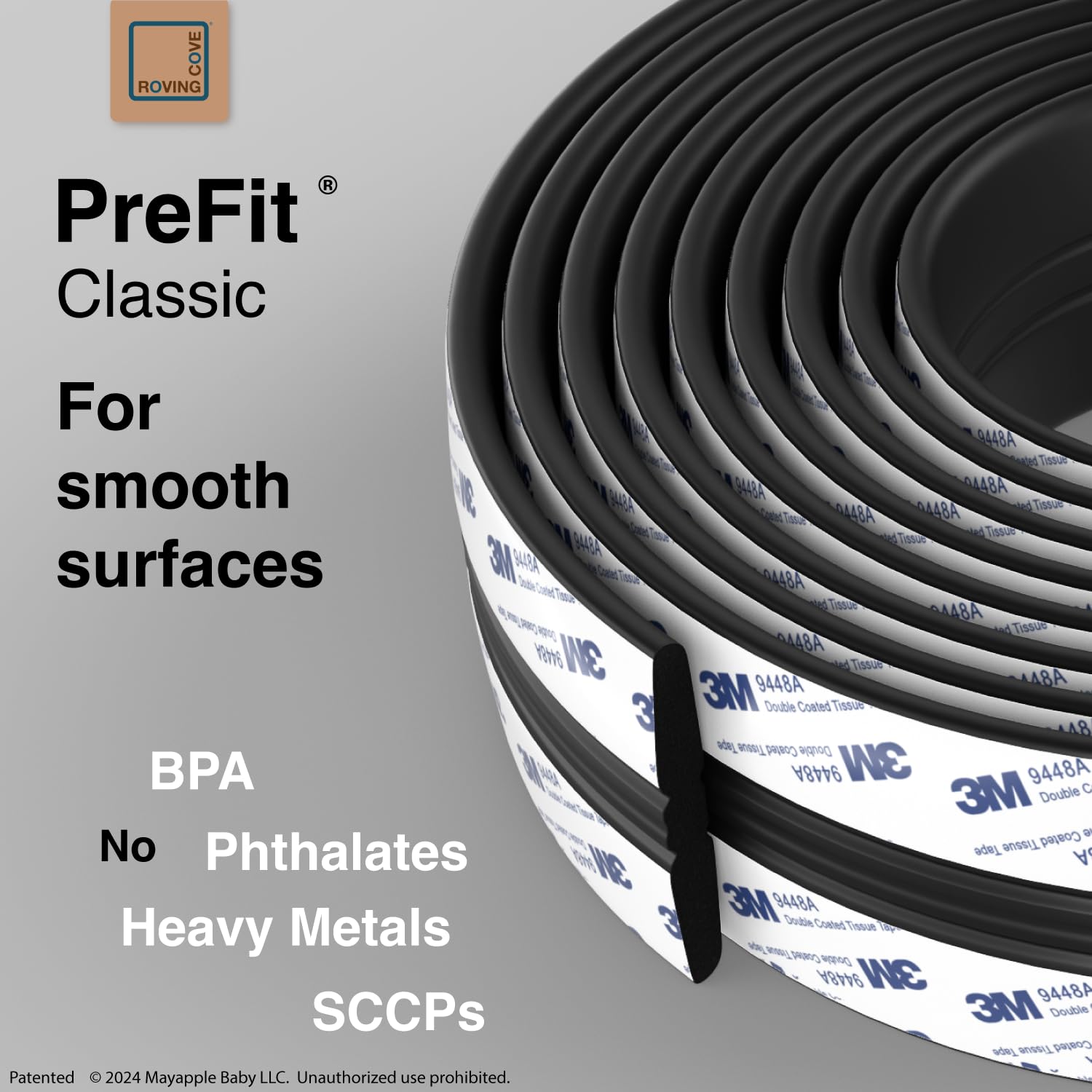 Roving Cove PreFit corner protector at a 90-degree corner for kids' safety.