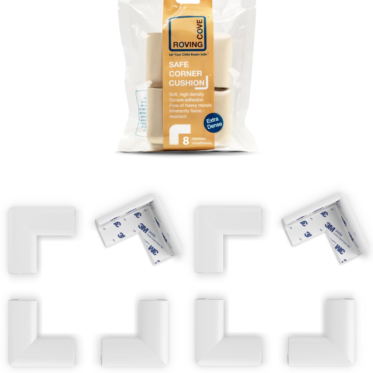 Roving Cove Slim-Fit corner protector on furniture edge, eight-piece baby-proofing set.