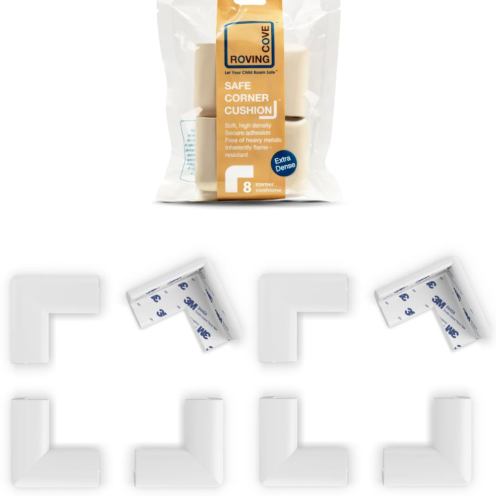 Roving Cove Slim-Fit corner protector on furniture edge, eight-piece baby-proofing set.
