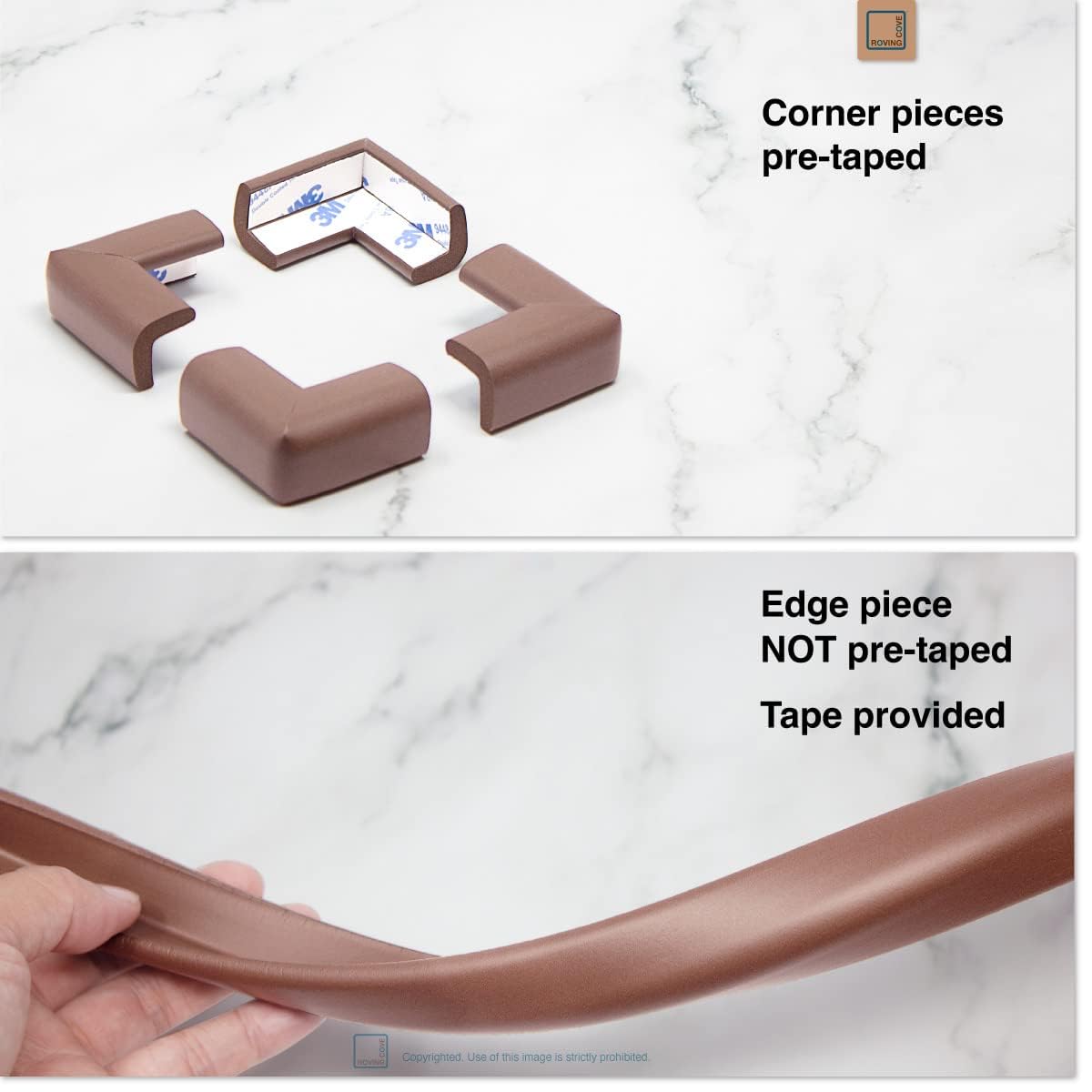 Roving Cove Slim-Fit Edge Protector coffee-brown foam blends with wooden furniture.