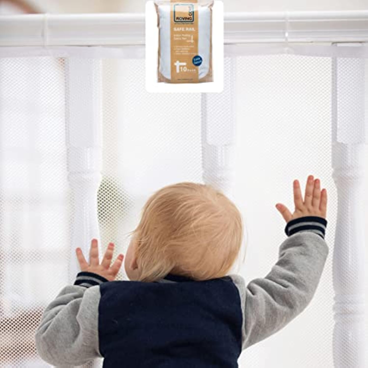 Roving Cove stair banister guard on stairs improves child safety with clear mesh
