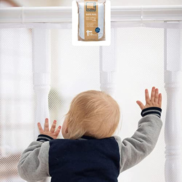 Roving Cove stair banister guard on stairs improves child safety with clear mesh