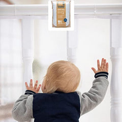 Roving Cove stair banister guard on stairs improves child safety with clear mesh