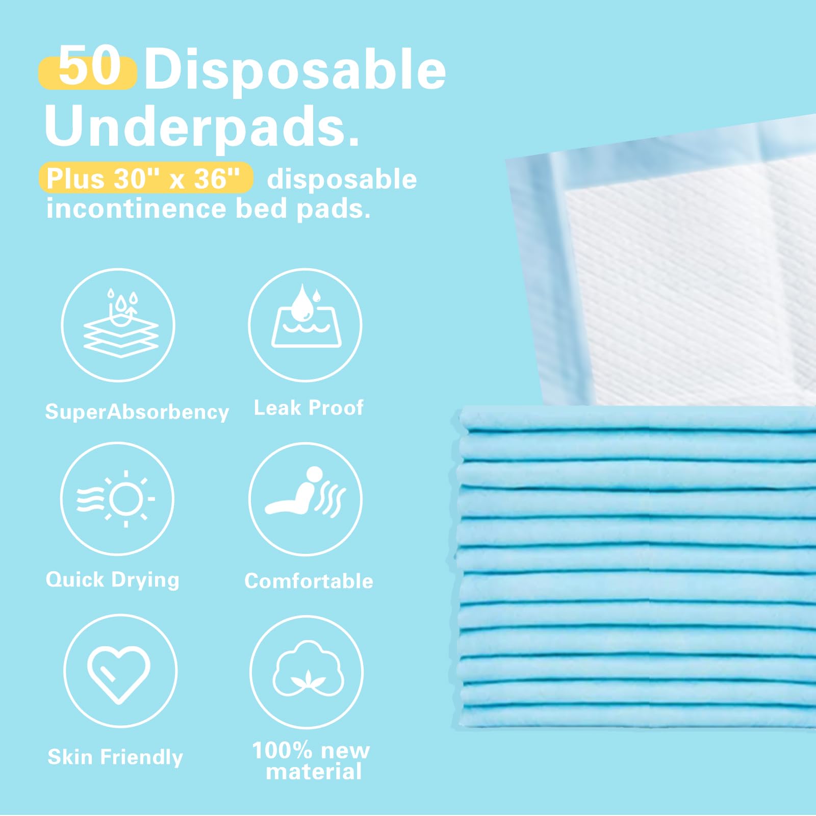Rovitta 30x36-inch underpad in package, ready for bed, sofa, or chair protection