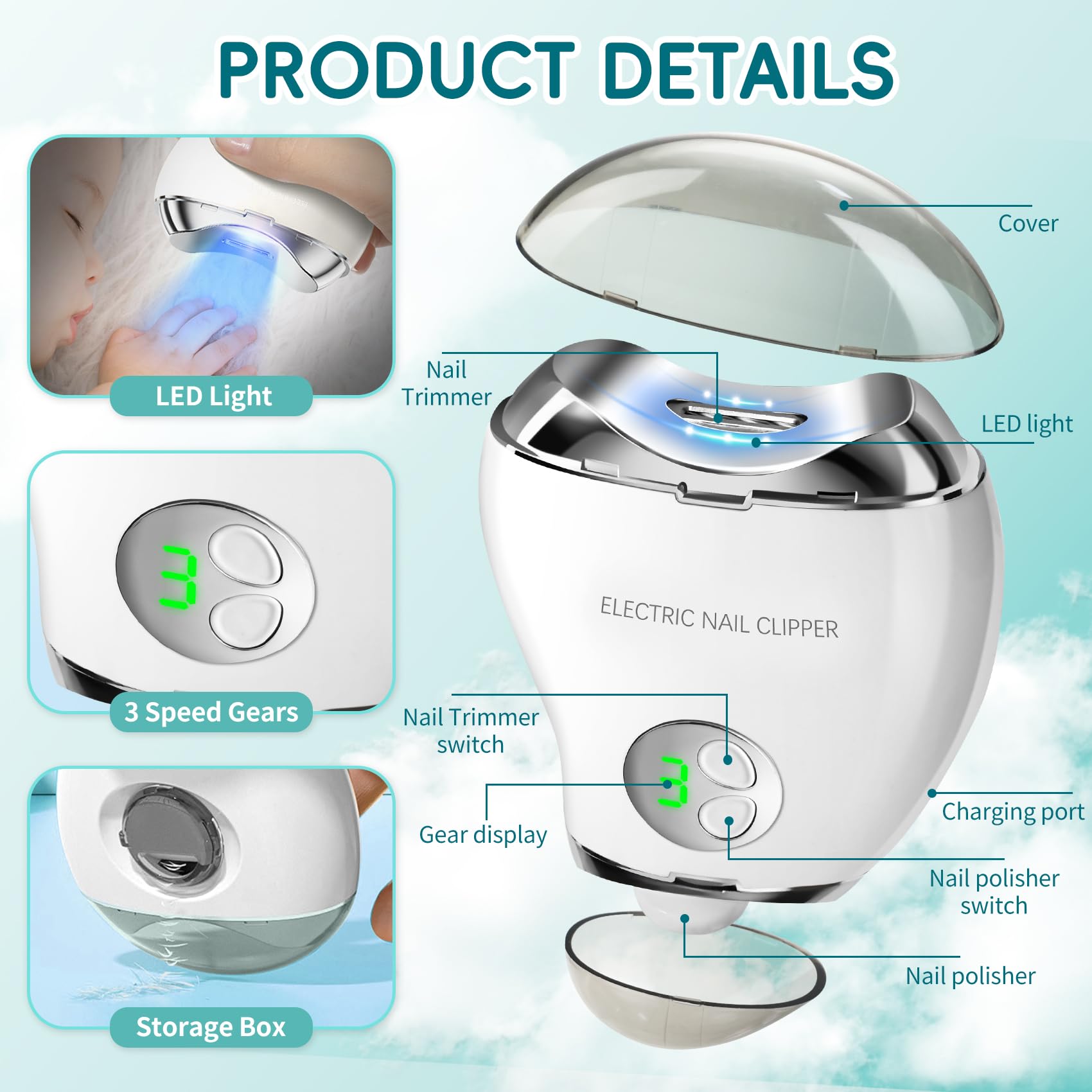 ROVLET nail clippers show 3 speeds on a clear digital display for tailored care.