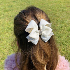 ROWAGY glitter beige hair bow for teen girls, easy to style.