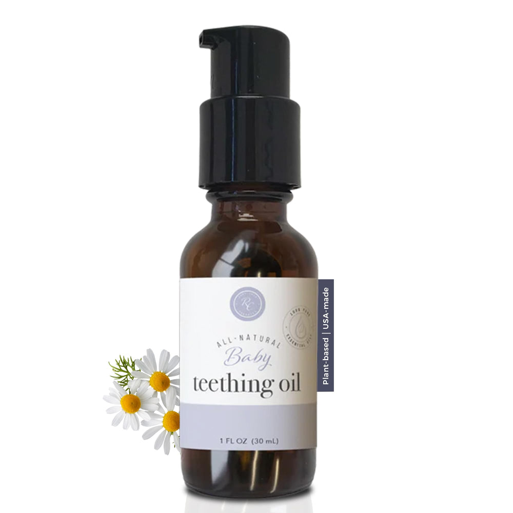 Rowe Casa Organics Baby Teething Oil bottle with pump for easy, mess-free application.