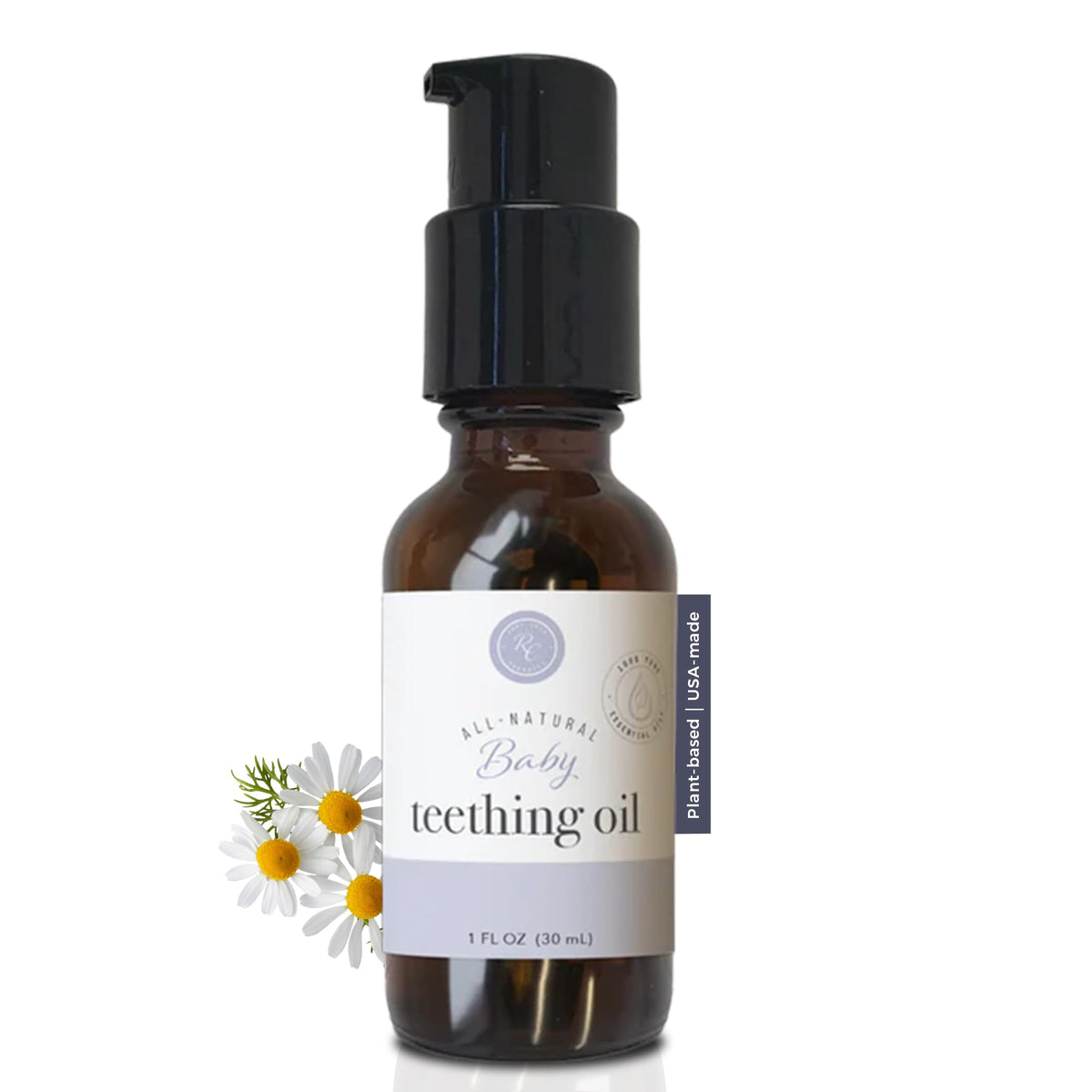 Rowe Casa Organics Baby Teething Oil bottle with pump for easy, mess-free application.