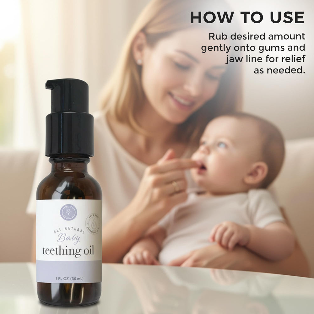 Rowe Casa Organics teething oil packaging highlights organic, non-GMO formula and 30 mL size.