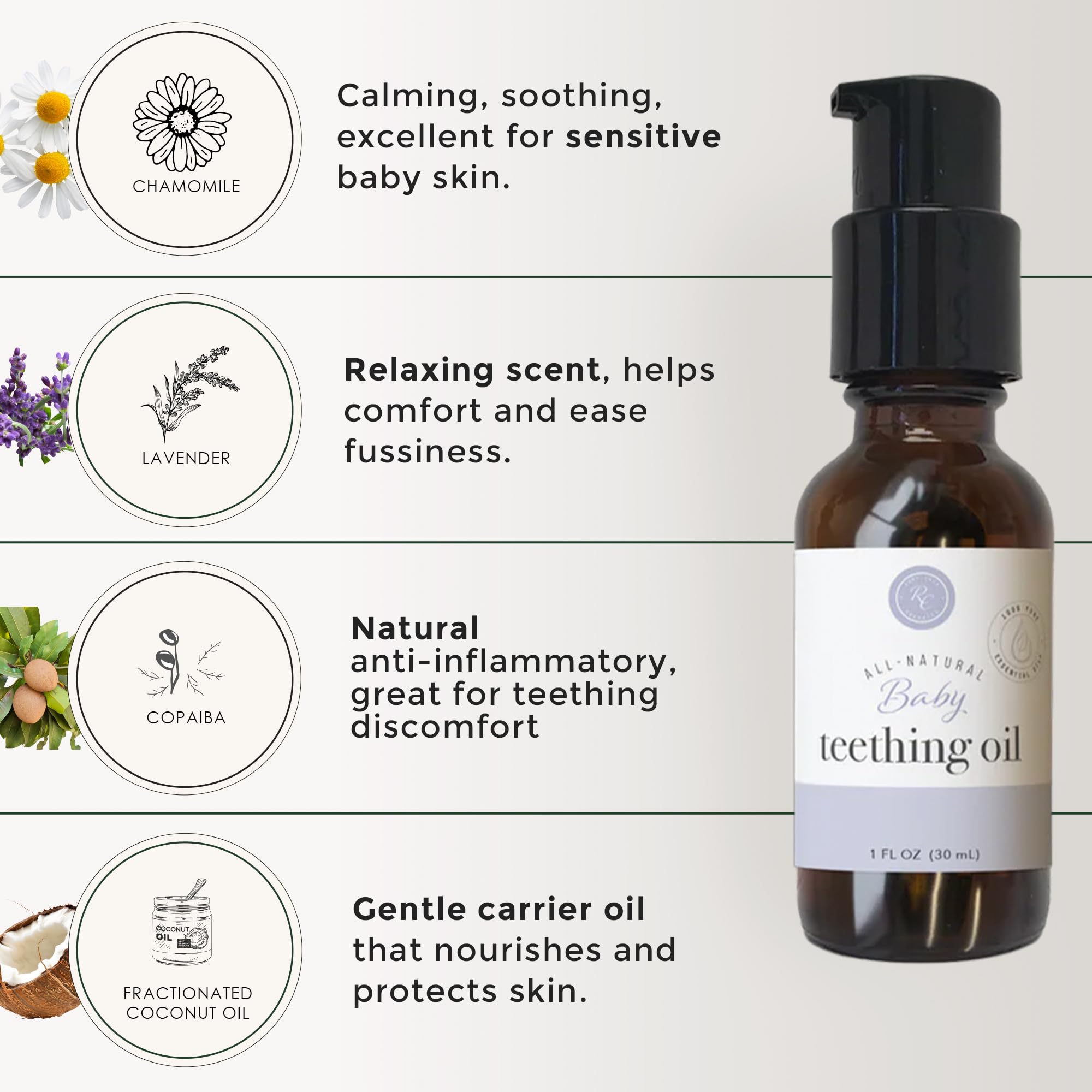 Rowe Casa Organics teething oil close-up shows chamomile and copaiba ingredients.