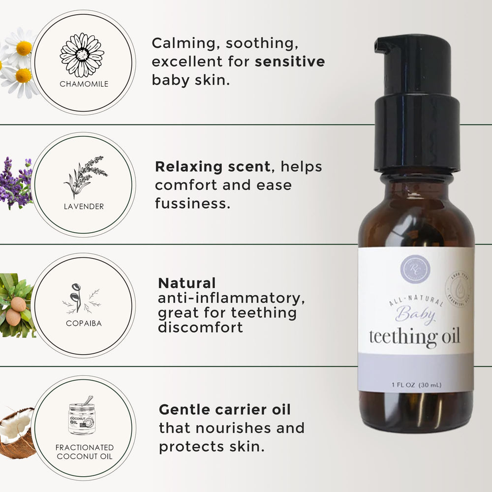 Rowe Casa Organics teething oil close-up shows chamomile and copaiba ingredients.