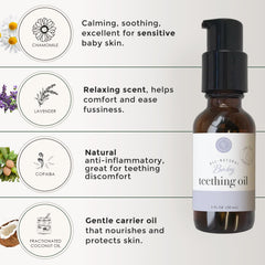 Rowe Casa Organics teething oil close-up shows chamomile and copaiba ingredients.