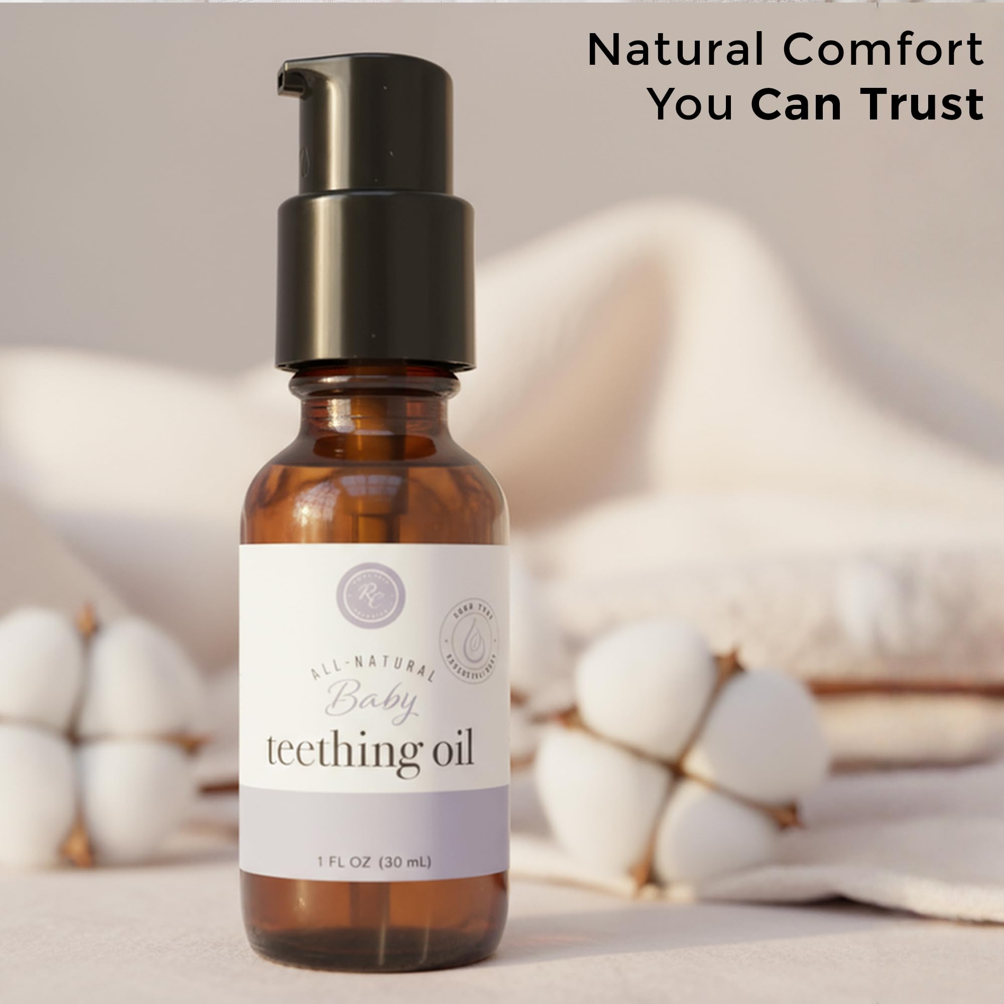 Rowe Casa Organics teething oil used on the go supports quick, calm gum care.