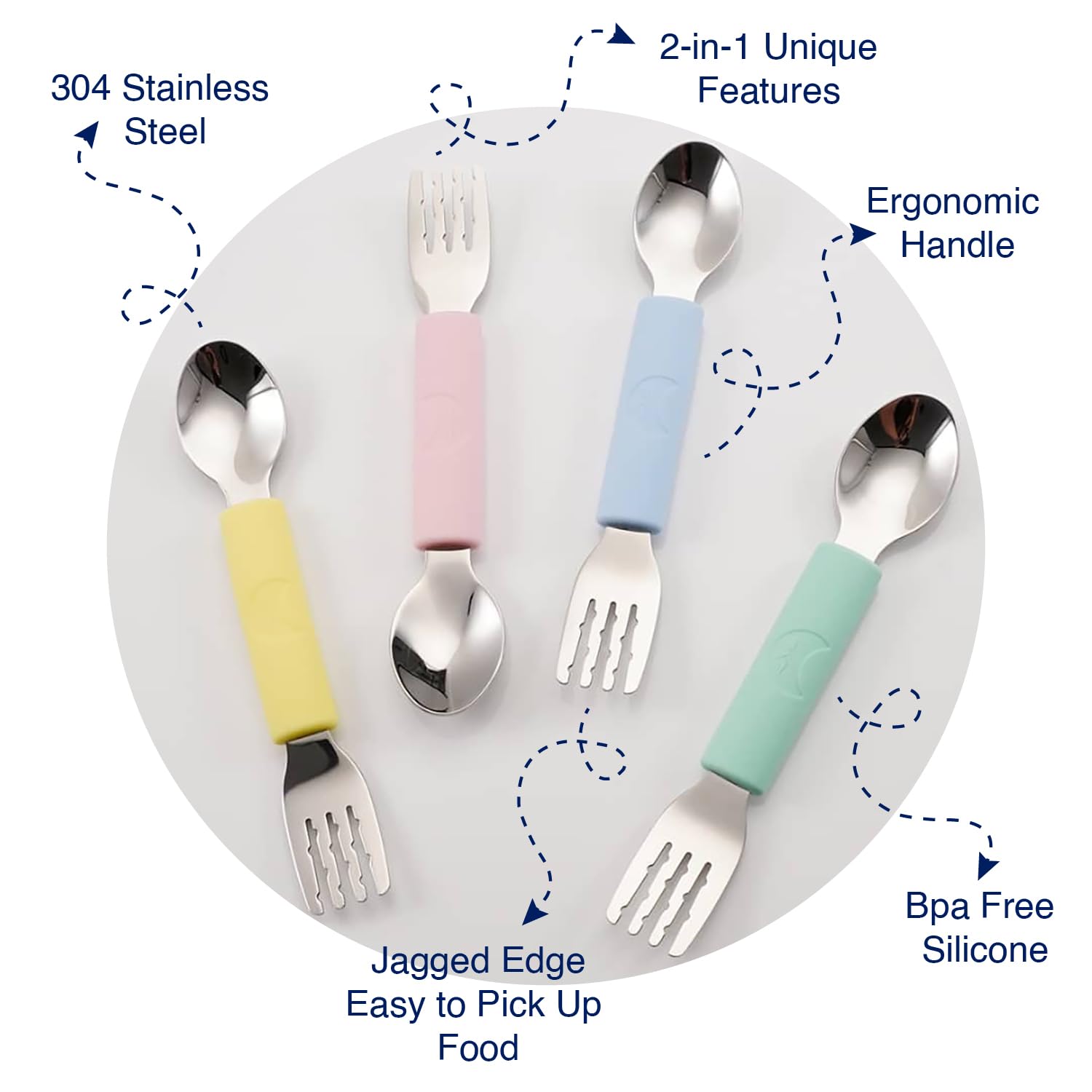 Soft-edged tips prevent mouth bumps during meals.