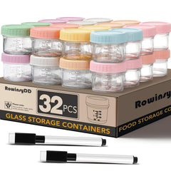 RowinsyDD jars with colorful lids for organized baby food storage.