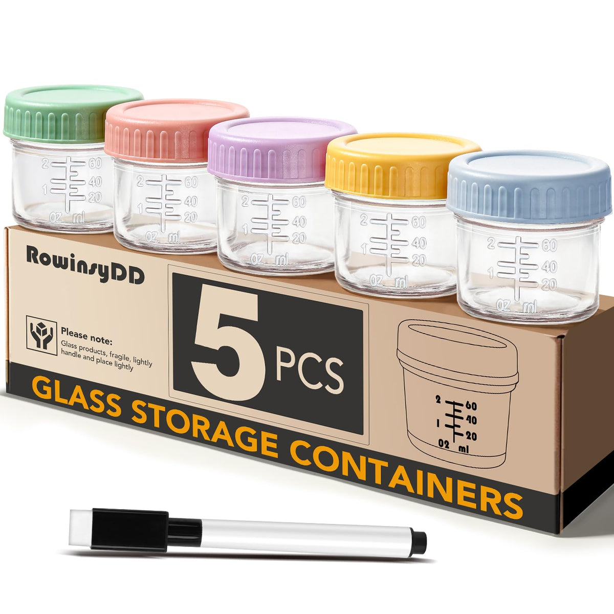RowinsyDD five-pack glass jars with colored lids for easy portioning and reuse.