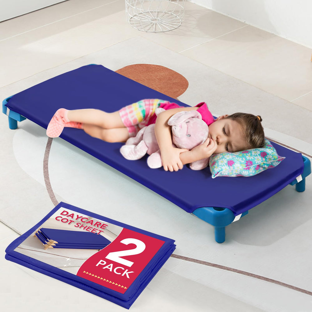 RowinsyDD blue daycare cot sheet with 4-corner elastic for secure fit.