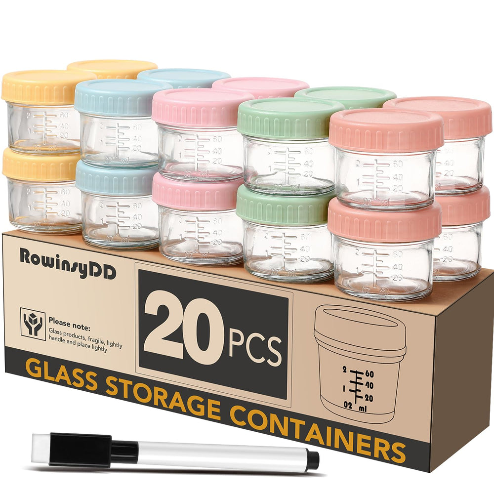 RowinsyDD glass 4oz baby food containers set with leakproof lids in a neat display