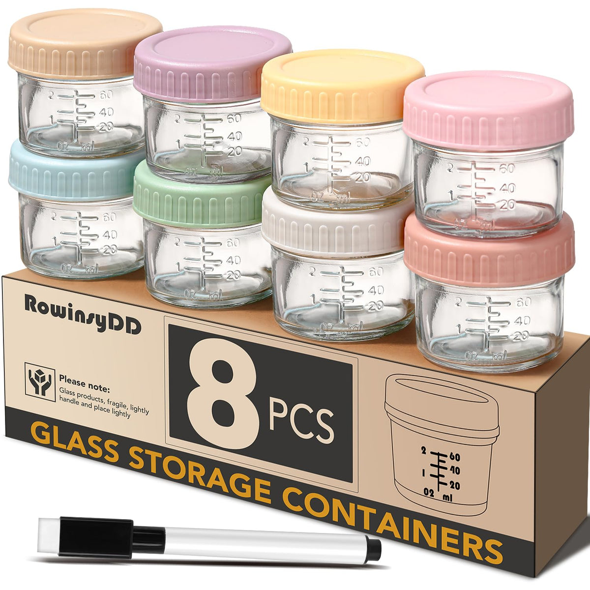 RowinsyDD glass baby food jar with red lid for leakproof storage of homemade purees.