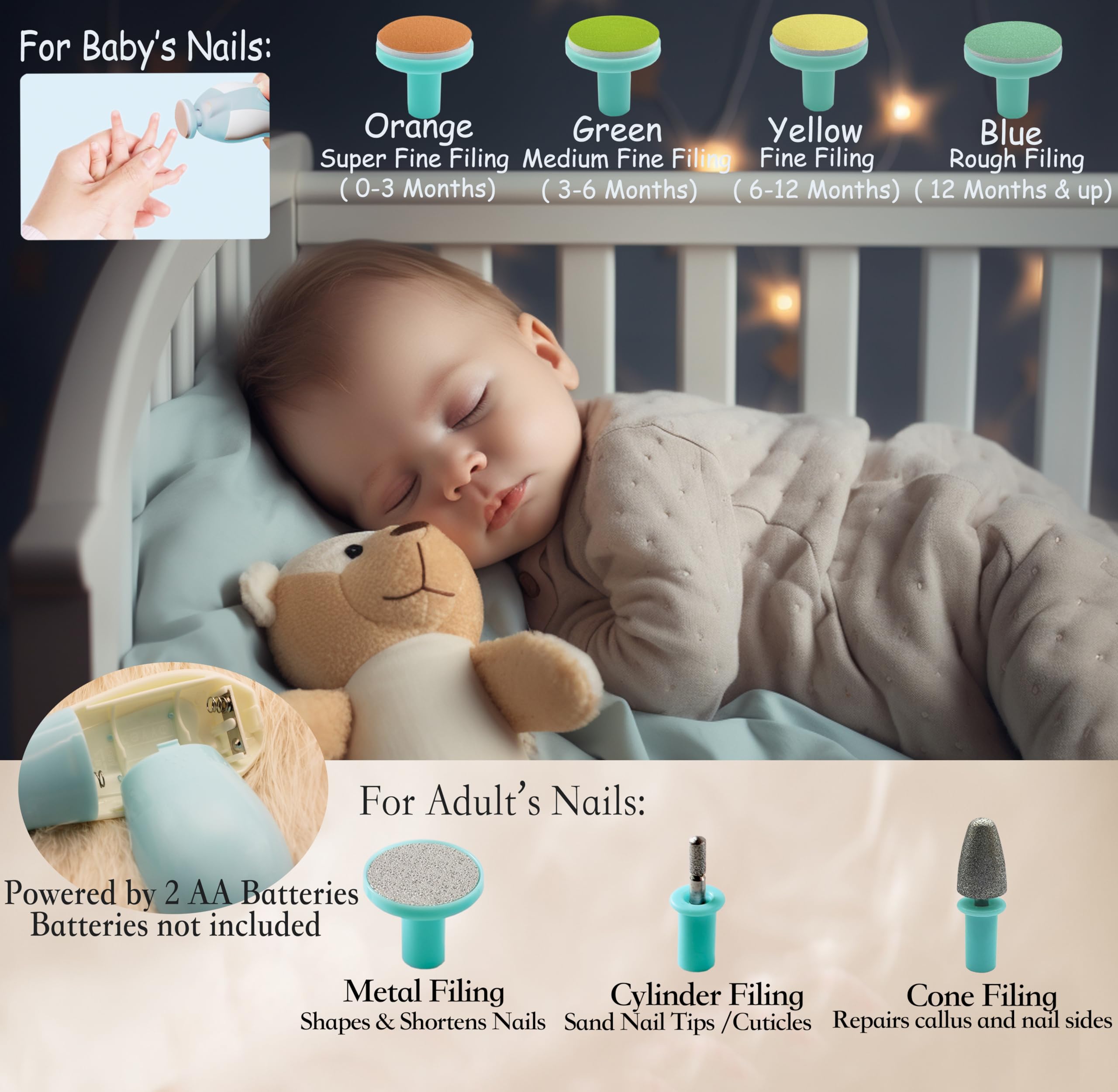 Royal Angels 21-in-1 attachments showcase versatile baby and adult nail care options.