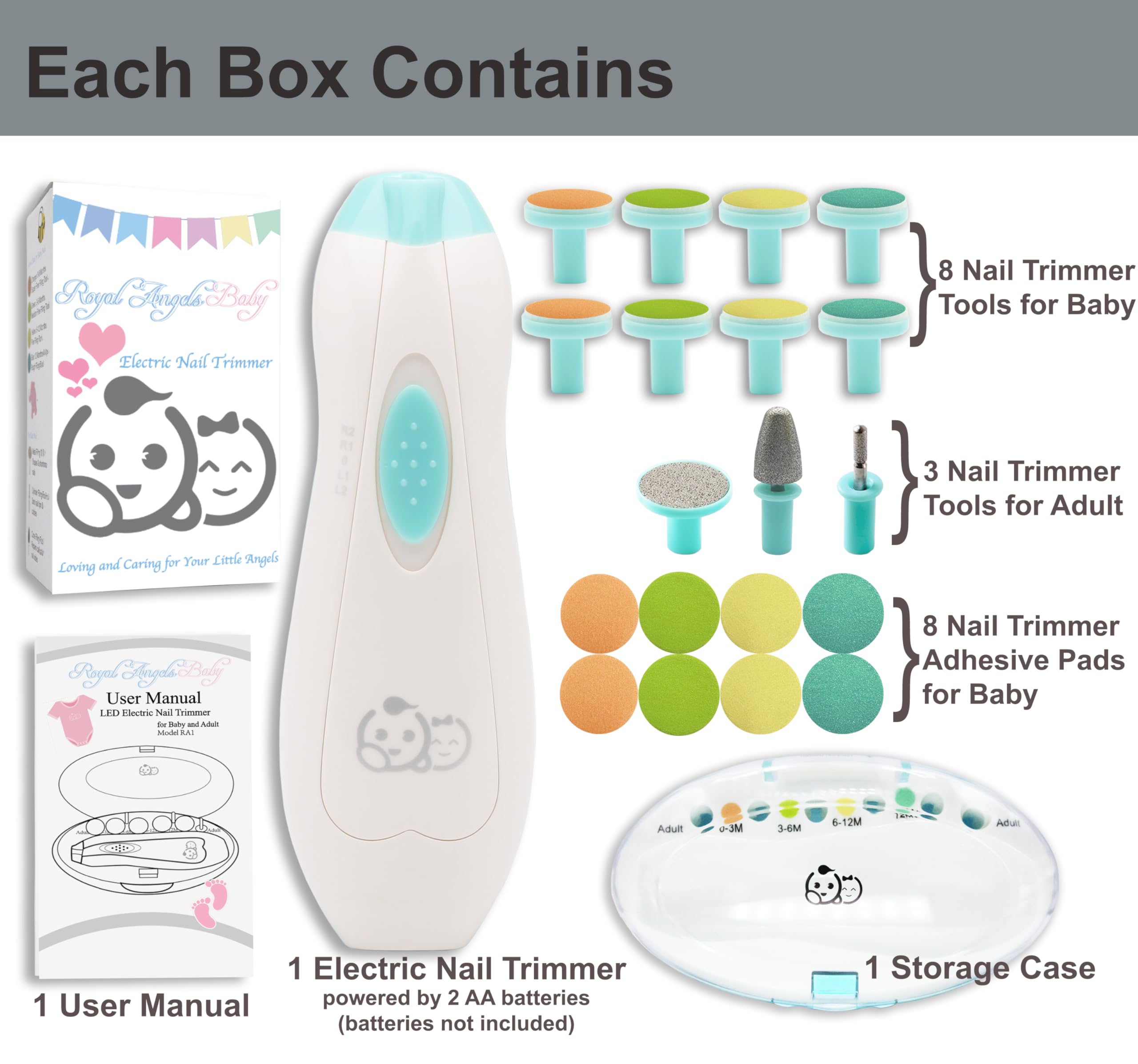 Royal Angels baby sandpaper attachments provide gentle nail shaping.