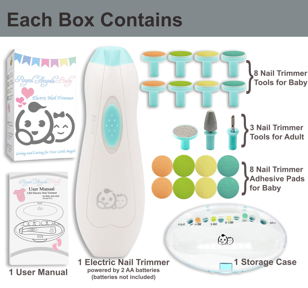 Royal Angels baby sandpaper attachments provide gentle nail shaping.