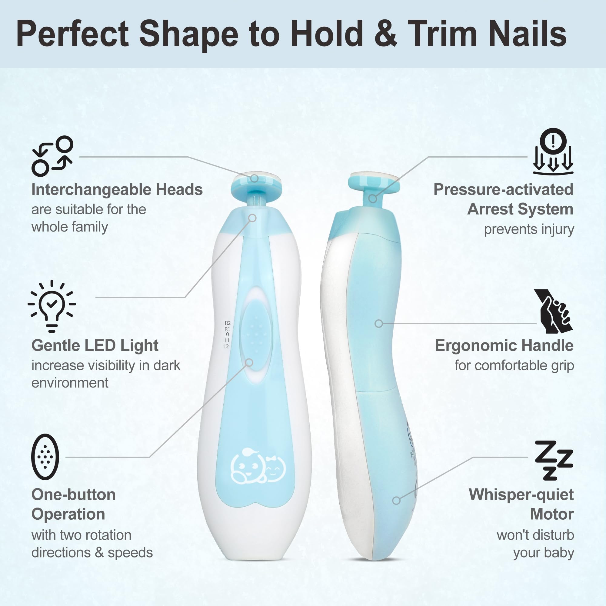 Royal Angels whisper-quiet motor delivers gentle nail grooming.